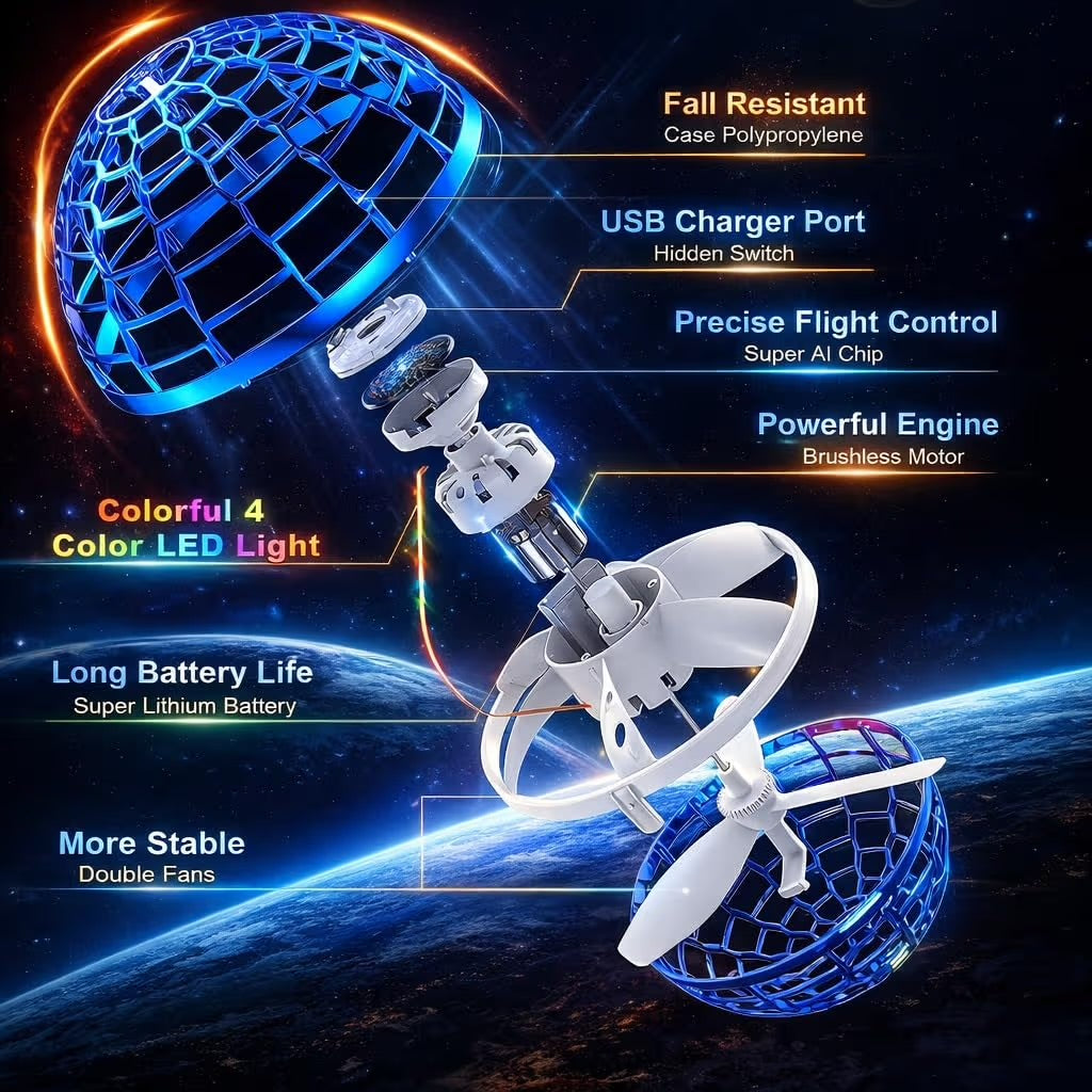 NEEYATI USB Rechargeable Flying Spinner Ball Toy with RGB Lights | 360° Rotating Boomerang Flying Ball | Hand Controlle