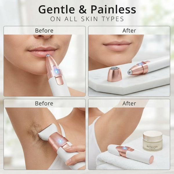 A 2-in-1 facial hair remover and eyebrow trimmer with interchangeable heads on a marble surface with soft pink and lilac acce