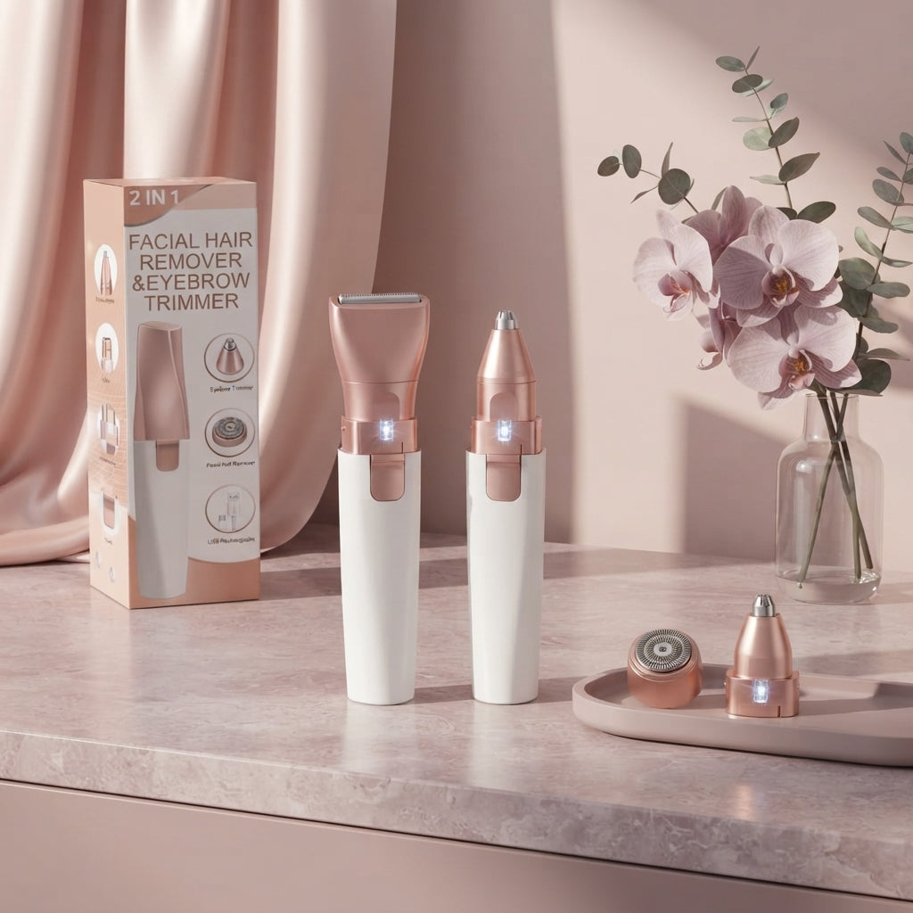 Two 2-in-1 rechargeable facial hair removers and eyebrow trimmers displayed on a mauve stone vanity with blush silk and lilac