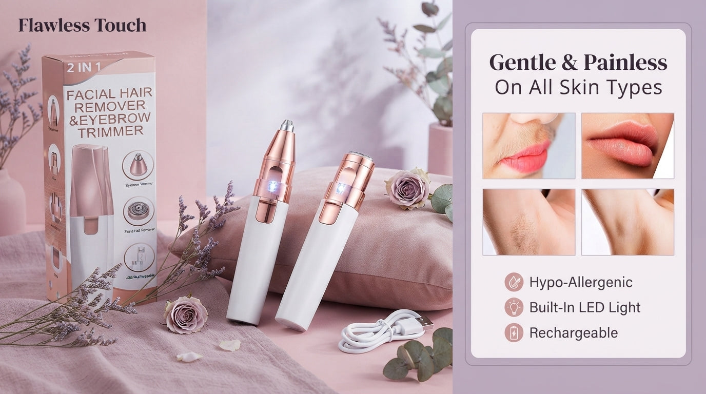 Two 2-in-1 rechargeable facial hair and eyebrow trimmers displayed on a blush and mauve surface with soft floral accents.