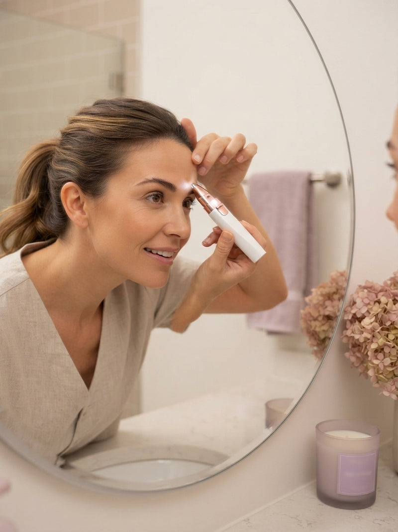 A woman using a handheld facial hair remover to groom her eyebrows in a brightly lit bathroom mirror.