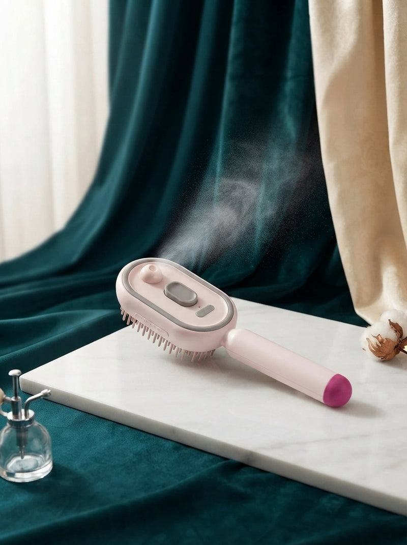 A 3-in-1 scalp spa hair spray comb displayed on a clean surface with deep teal and cream professional studio decor.