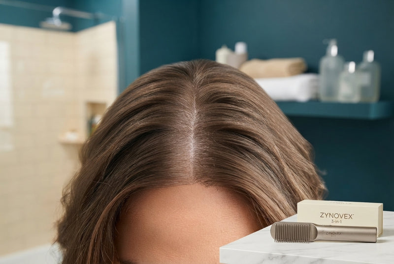Close-up of a healthy, clean scalp with restored hair density and no signs of flaking, with the hair comb visible on a vanity