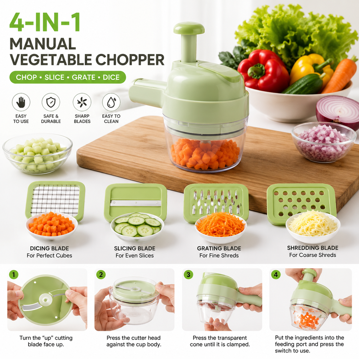 Manual Hand-Press Food Chopper – Quick Garlic & Vegetable Mincer